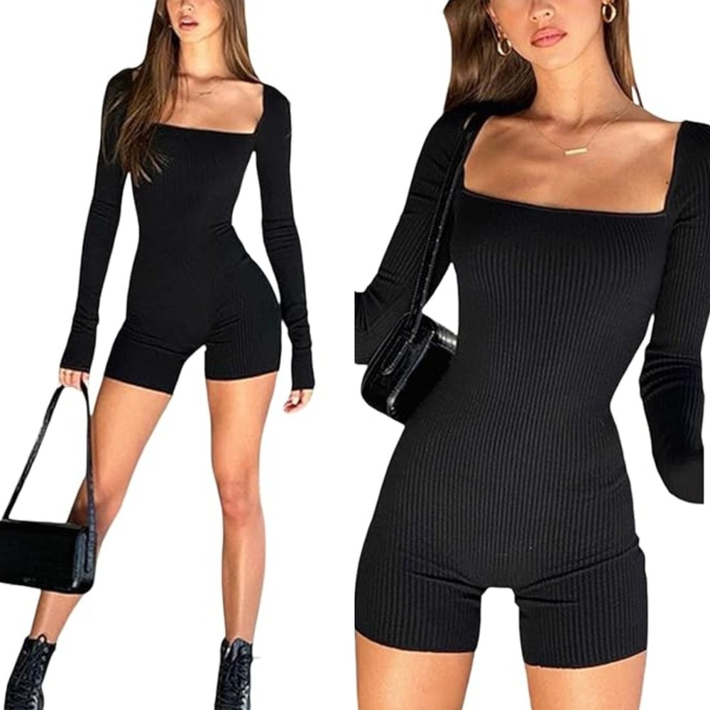 NWT ANWND Romper Womens M/L Black Ribbed Knit Slinky Fit Square Neck Long Sleeve
